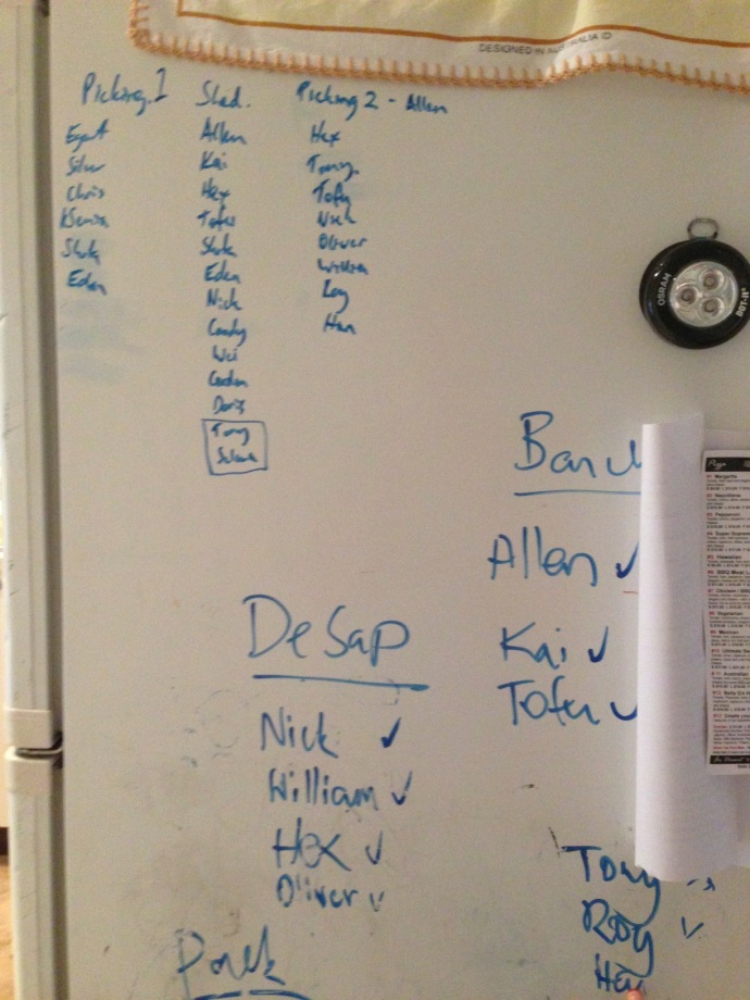 The side of our fridge became Matt' scheduling station as he worked out each night what workers were needed where.